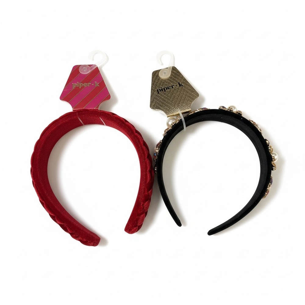 Piper-Y Embellished Black Velvet Headband & Red Braided Satin Headband Set